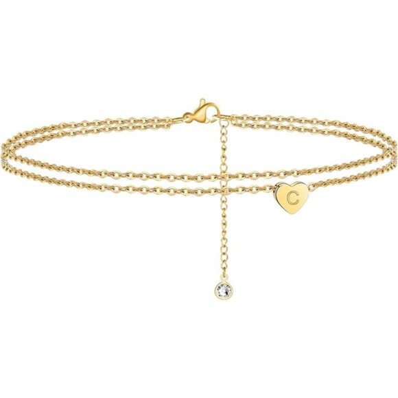 Ankle Bracelets for Women, 14K Gold Plated Dainty Layered Heart Initial Anklets - Picture 7 of 7